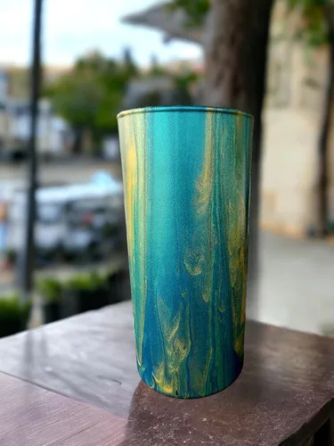Vista 3 de Enchanting Hand-Pour Painted Glass Cylinder Flower Vase for Home and Office - 7 Inches of One of a Kind Artistry by WanderLost Artz (Gold & Teal)