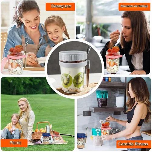Vista 2 de Contenedor de avena durante la noche, conservas de vidrio de avena con tapas y cuchara, cereales de 10 onzas, leche, ensalada de frutas, con marcas