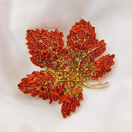 Vista 6 de Vintage elegante completo micro pavimentar amarillo naranja rojo cristal grande hoja de arce broche pin otoño joyería