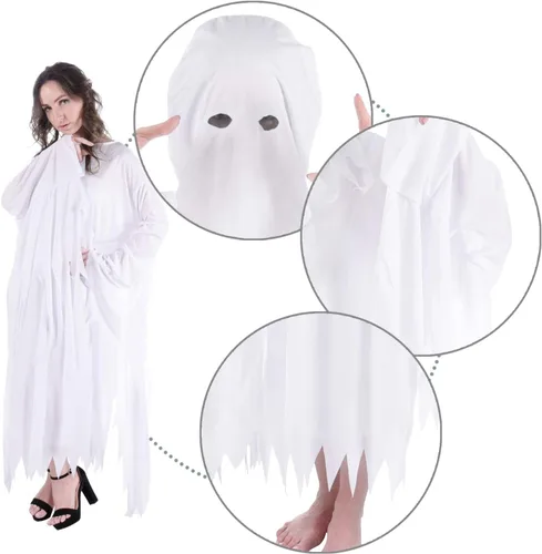 Vista 5 de Suppromo Disfraz de fantasma para adultos, mujeres y hombres, disfraz de fantasma blanco con capucha para Halloween, fiesta de cosplay, talla única