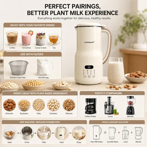 Vista 4 de Licuadora automática para leche de nueces 8 en 1, 40.6 oz, leches caseras de almendra, avena, coco, soja, a base de plantas y sin lácteos, máquina