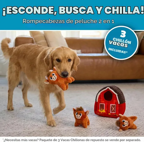 Vista 2 de Outward Hound Hide-A-Cow - Juguete para perro, rompecabezas interactivo 2 en 1 de peluche con granero y 3 vacas chirriantes de las tierras altas