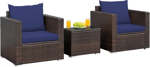 Vista 10 de RELAX4LIFE Juego de sofá de mimbre de 3 piezas, juego de sofá de ratán para patio al aire libre con cojines lavables y mesa de centro de vidrio