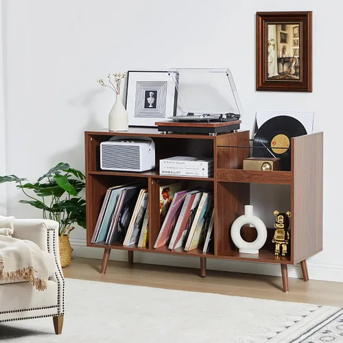 Vista 6 de Soporte para tocadiscos de 45.3 pulgadas con almacenamiento de vinilo, mesa giratoria de madera con capacidad para hasta 350 álbumes, moderno