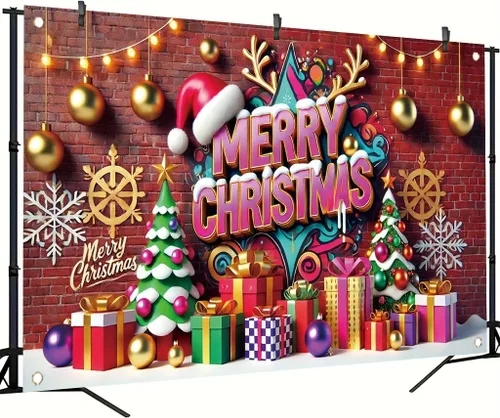 Vista 3 de Cartel de Feliz Navidad de 71 x 43 pulgadas, caja de regalo, adorno de árbol, decoración de fondo de fotografía para fiestas de invierno
