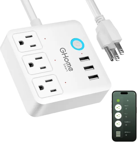 Vista 9 de GHome Smart Regleta de alimentación con 3 salidas WiFi y 3 USB, compatible con Alexa y Google Home, regleta protectora contra sobretensiones