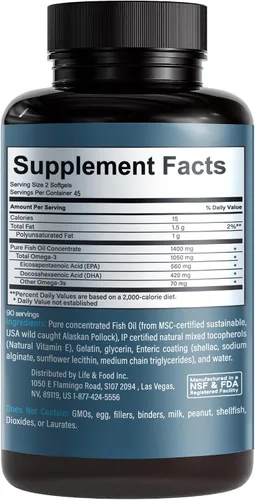 Vista 7 de Aceite de pescado Omega-3 Supreme 1400 mg. Certificado MSC +75% Omega-3s 1050 mg, 644/336, sin eructos de pescado y absorción mejorada Destilado
