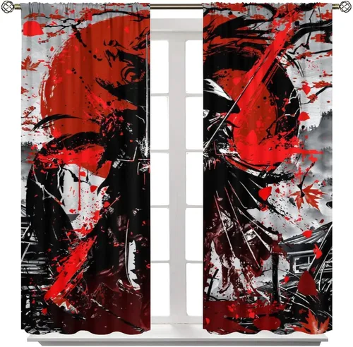 Vista 8 de Cortinas opacas con temática japonesa para dormitorio, acuarela, anime, samurái y dragón, flores de cerezo, cortinas de ventana con bolsillo
