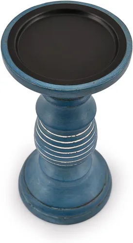 Vista 4 de Juego de portavelas de madera de mango azul con acabado envejecido para estilo rústico, vintage y antiguo, diseños interiores para centros de mesa