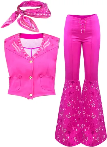 Vista 2 de Naywig Traje de vaquera de los años 70 y 80 hippie disco disfraz rosa acampanado pantalón Halloween cosplay para mujeres y niñas