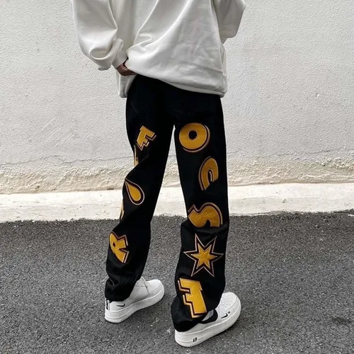 Vista 9 de Harajuku - Jeans para hombre con letras estampadas, rectos, holgados, para otoño e invierno, jeans engrosados, jeans góticos