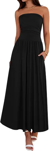Vista 19 de BTFBM Vestidos largos de verano para mujer, vestido sin tirantes Marrón