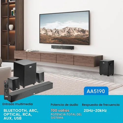 Vista 2 de Acoustic Audio 5.1 Barra de sonido envolvente para cine en casa con Bluetooth, RCA, óptico, ARC, AUX, subwoofer inalámbrico y control remoto