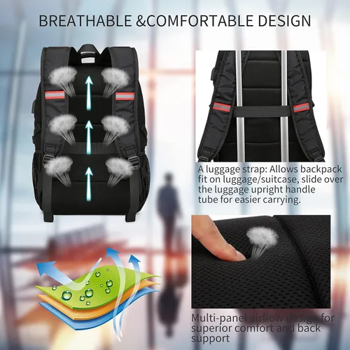 Vista 5 de Mochila para portátil de 17.3 pulgadas, mochila grande para computadora con puerto de carga USB, mochila resistente al agua y resistente