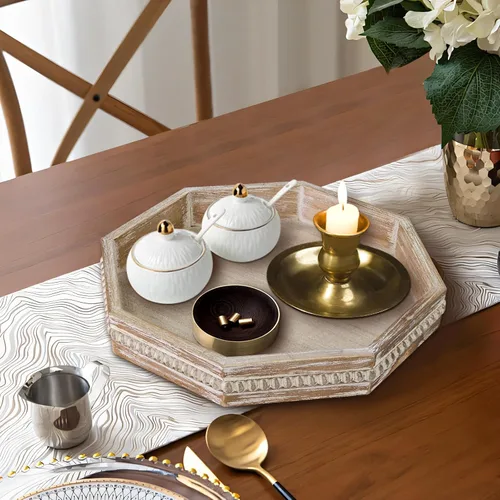 Vista 4 de MAONAME Bandeja de Madera para Servir, Bandeja de Madera Estilo Granja con Cuentas, Bandeja Octogonal para Servir Blanca Lavada, Bandeja de Mesa