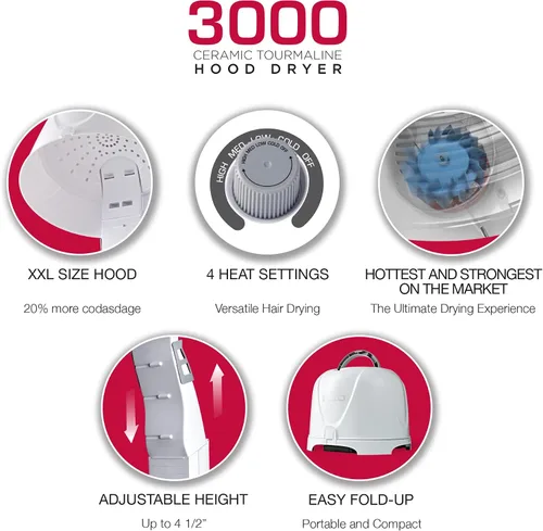 Vista 3 de Red by Kiss Secador de Campana Profesional de Cerámica y Turmalina 3000, Secador de Pelo con 4 Configuraciones de Calor para Hogar y Salón, Altura