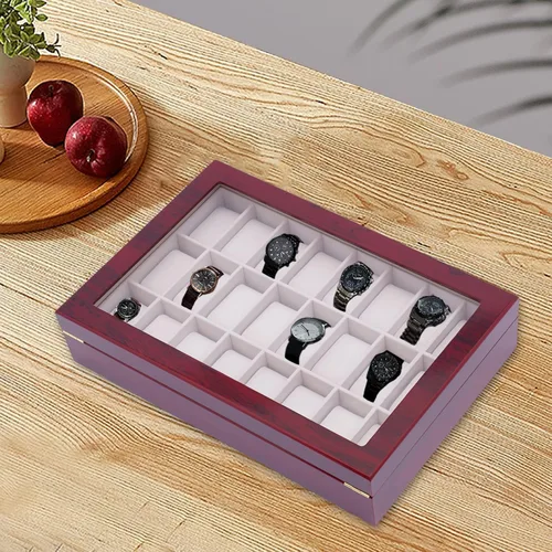 Vista 7 de Gdrasuya10 Caja organizadora de reloj de 24 ranuras para hombres, estuche retro con tapa de cristal, joyero para hombres y mujeres, soporte moderno