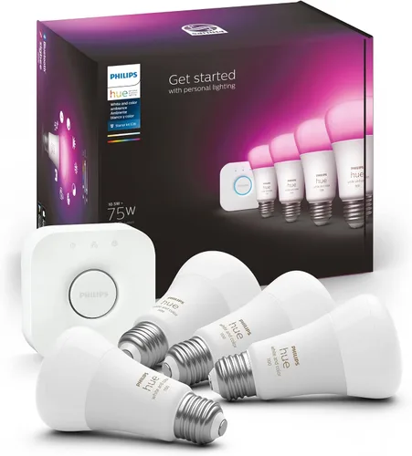 Vista 10 de Philips Hue Kit de inicio con botón inteligente Base Lumen de ambiente blanco (60W), 16 millones de colores, funciona con Amazon Alexa, Asistente