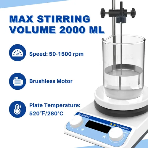 Vista 3 de Agitador magnético placa caliente 536 ℉, 50-1500 RPM agitador magnético con barra agitadora, placa caliente de laboratorio con sensor de sonda