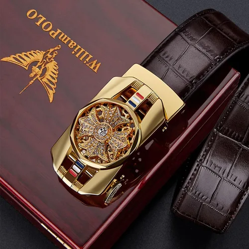 Vista 7 de Cinturón de trinquete para hombre cinturón de cuero con hebilla automática de aleación tendencia a la moda con caja de regalo