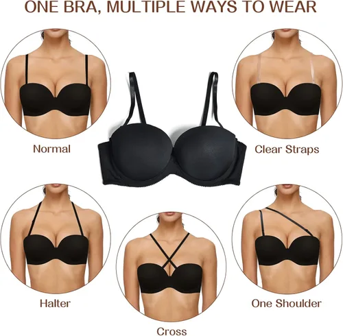 Vista 4 de Women's Strapless Push Up Thick Padded Bra with Convertible Clear Straps Underwired Lift Up Supportive T-Shirt Bras