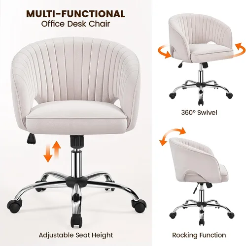 Vista 8 de Topeakmart Moderna silla de terciopelo para tocador, silla de escritorio de maquillaje, sillón ajustable con respaldo de barril copetudo para sala