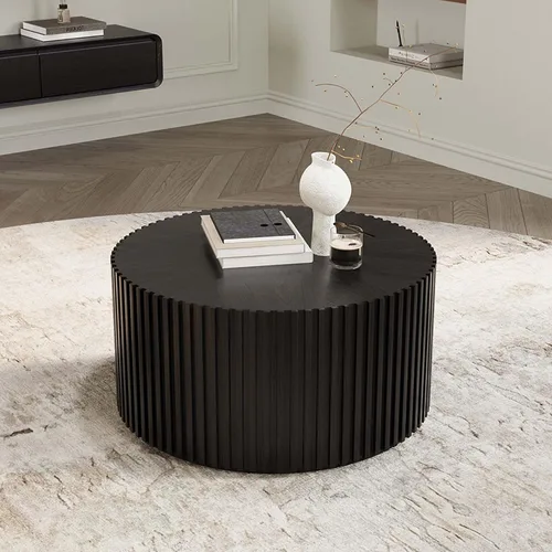 Vista 12 de POVISON Mesa auxiliar, mesa de centro redonda de madera, mesa auxiliar moderna para sala de estar, mesa de centro acanalada, color negro, totalmente