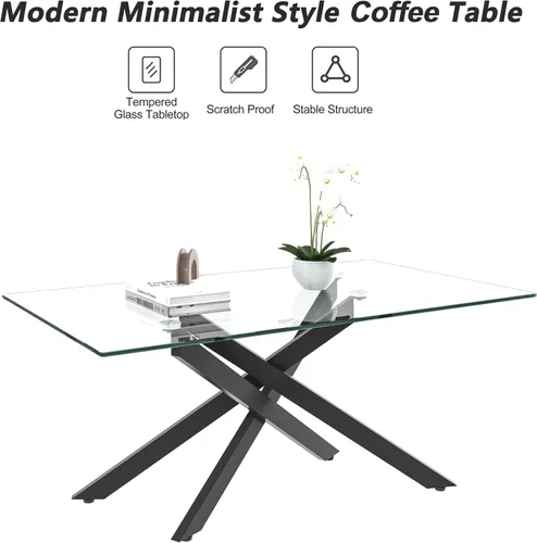 Vista 7 de Mesa de centro de cristal para sala de estar, moderna rectangular con parte superior de vidrio templado transparente y patas de metal, mesas de Negro
