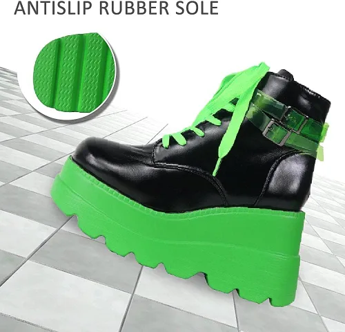 Vista 4 de CELNEPHO Botas de plataforma gruesa para mujer, puntera cuadrada, con cordones, tacón alto, tacón alto, botas de tobillo de cuña
