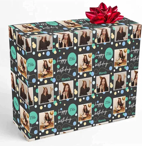 Vista 11 de COLORSFORU Papel de regalo personalizado de feliz cumpleaños con foto de nombre: fabricado en EE. UU., rollo de papel de regalo personalizado, papel