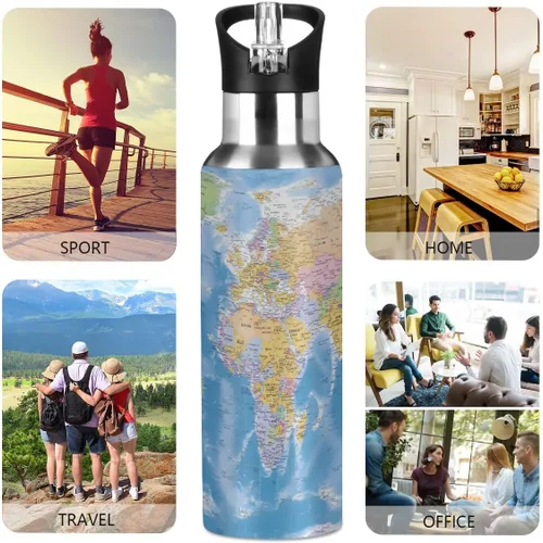Vista 5 de AUUXVA Globe World Map - Botella de agua de acero inoxidable aislada al vacío, botella de agua para niños con popote y asa para mantener el calor