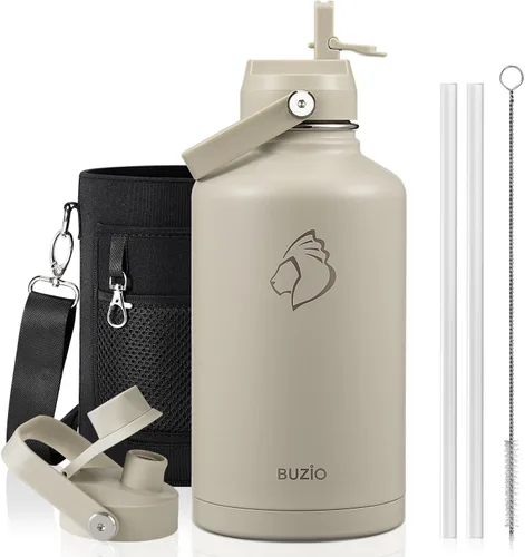 Vista 65 de BUZIO Botella de agua aislada de 24 oz, frasco de agua de boca ancha de acero inoxidable con tapa de pajita, frío durante 48 horas a prueba de Negro