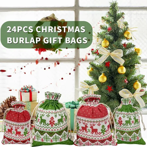 Vista 2 de Jexila 24 bolsas de regalo de arpillera de Navidad de 4 x 6 pulgadas, reutilizables, pequeñas bolsas de dulces con cordón de Navidad para niños