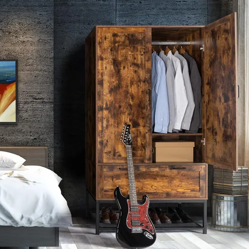 Vista 10 de VINGLI Armario Ropero Acanalado con Puertas y Cajones, Gabinete Armario con Barra para Colgar, Armario de Dormitorio de Madera de Roble, Armario