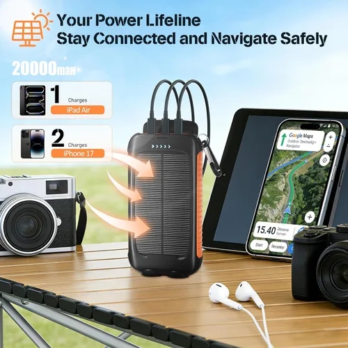 Vista 2 de Banco de energía solar 20000mAh con USB-C, cargador portátil para acampar Naranja