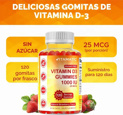 Vista 6 de Vitamatic Gomitas de Vitamina D3 sin Azúcar - 120 Gomitas a Base de Pectina - Gran Sabor - Huesos Saludables, Estado de Ánimo y Función del Sistema