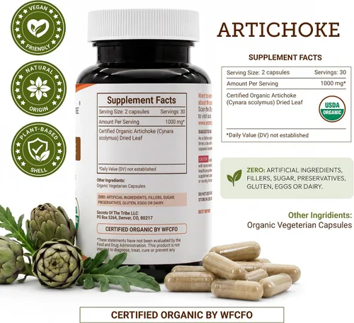 Vista 4 de Secrets of the Tribe Alcachofa 60 Cápsulas, 1000 mg, Alcachofa (Cynara scolymus) Hoja Seca (60 Cápsulas)