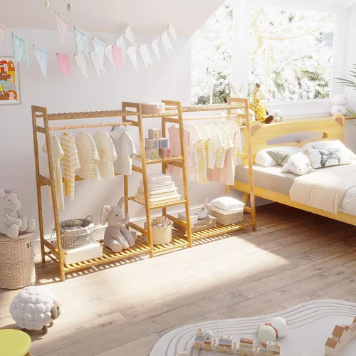 Vista 6 de BAMBOOHOMIE Perchero de ropa para niños con estantes, perchero de ropa de bambú para niños, niños y bebés, perchero de almacenamiento para vestirse