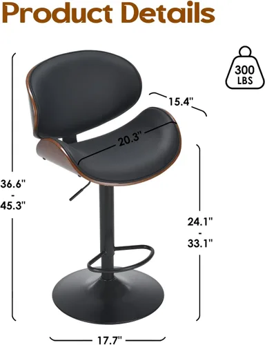 Vista 2 de Soohow Juego de 2 taburetes de bar ajustables, ergonómicos y modernos con respaldo para isla de cocina, taburete de bar de piel sintética