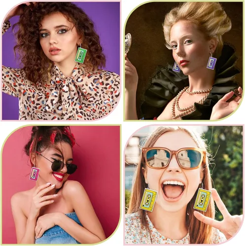 Vista 5 de 4 pares de aretes de los años 80 y 90 para mujer, aretes acrílicos con cinta de casete, coloridos aretes retro ligeros de neón de los años 80 y 90