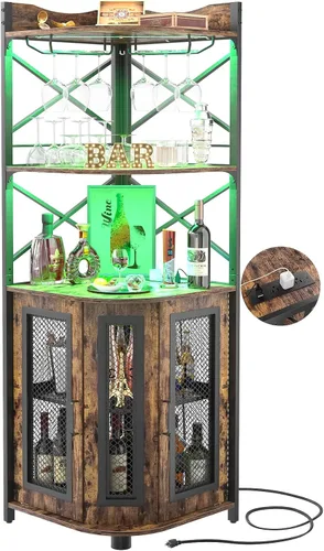 Vista 10 de Aheaplus Gabinete Bar de Esquina con Toma de Corriente, Gabinete de Vino Industrial con Tira LED y Portavasos, Gabinetes de Licores de 5 Niveles