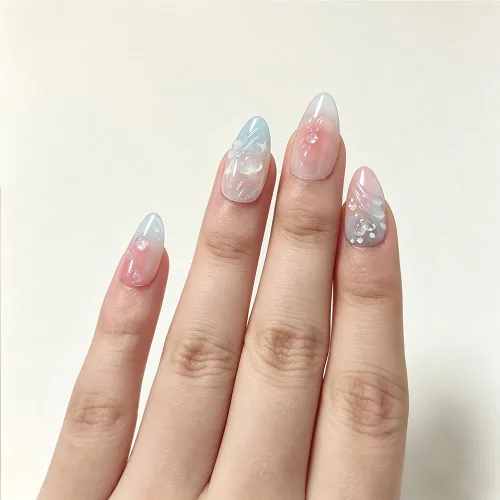 Vista 27 de Uñas postizas a presión medianas con diseño geométrico blanco almendra – 24 uñas postizas reutilizables de ABS brillante, fácil de aplicar, juego