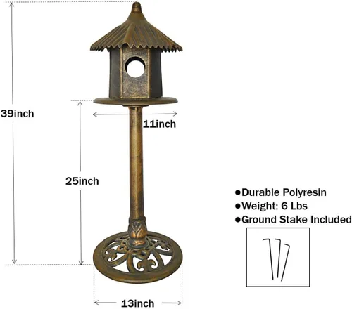 Vista 3 de Westcharm Classic Heights - Elegante casa para pájaros silvestres con techo abovedado y base de pedestal, acabado de bronce antiguo, casa de pájaros