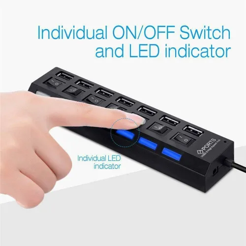 Vista 6 de Concentrador USB 2.0 de 7 puertos, extensor USB con interruptores LED individuales de encendido/apagado, protección contra sobrecorriente, Plug and
