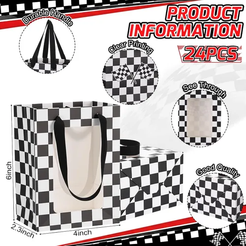 Vista 2 de Harloon 24 Pcs Racing Car Paper Gift Bags with Clear Transparent Window, Checkered Flag Treat Party Favor Bags with Handles for Race Car Birthday