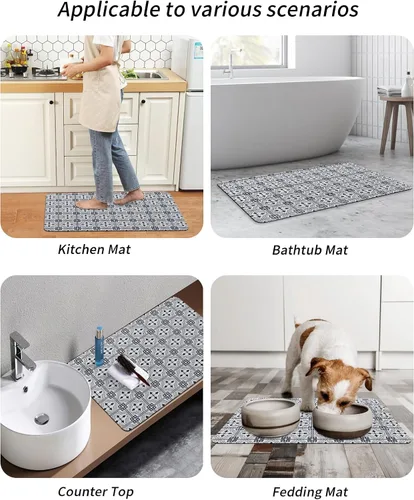 Vista 6 de Tapete de baño de geometría negra para bañera, antideslizante, de secado rápido y absorbente, tierra de diatomeas, fregadero, cocina, sala de estar