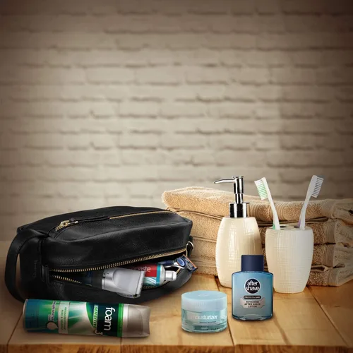 Vista 8 de Londo Neceser de viaje de cuero genuino, maquillaje, bolsa organizadora de afeitado - Kits Dopp - Unisex Negro