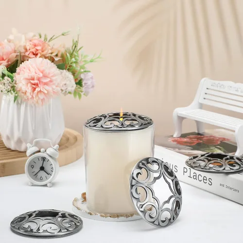 Vista 5 de Shellwei 4 piezas de velas perfumadas para quemar uniformemente cubiertas de metal plateado, cubierta decorativa para velas, tapas talladas