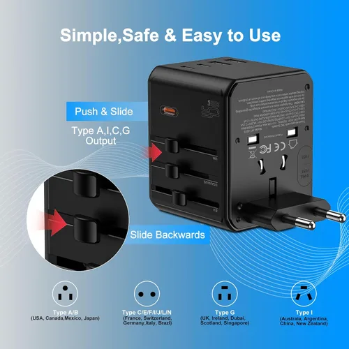 Vista 7 de Adaptador de viaje universal, convertidor de enchufe de alimentación internacional con cargador PD de 45 W, soporte de 2500 W, adaptador de CA todo