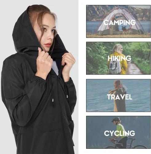 Vista 6 de Chubasquero para mujer, chaqueta ligera, impermeable, rompevientos plegable, para exteriores